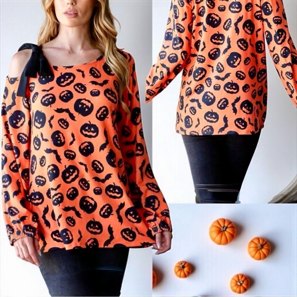 Heimish Orange Halloween Pumpkin Print One Shoulder Tie Long Sleeve T-Shirt L 🆕 - Picture 4 of 10